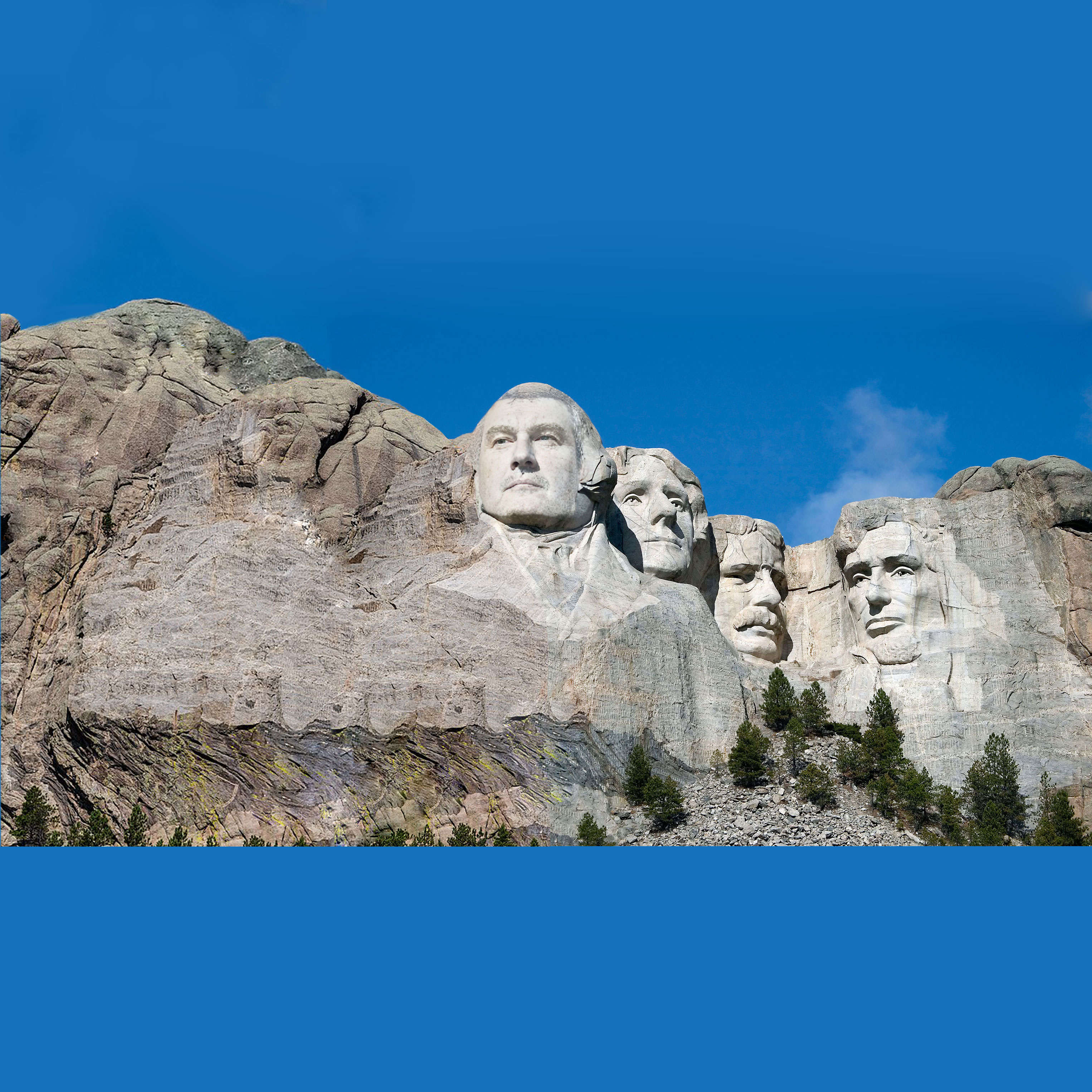 Mit KI manipuliertes Foto vom Mount Rushmore, bei dem der Kopf von George Washington die Gesichtszüge des Fraunhofer-Wissenschaftlers Prof. Martin Steinebach zeigen.